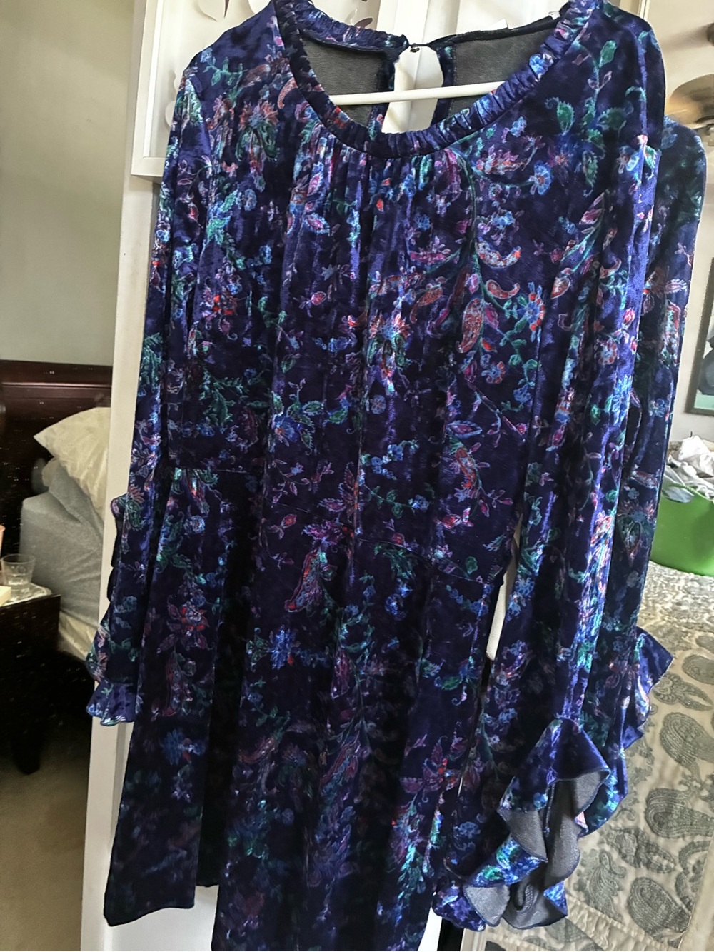 Floral Velvet Long-Sleeve Tunic Top - Navy
